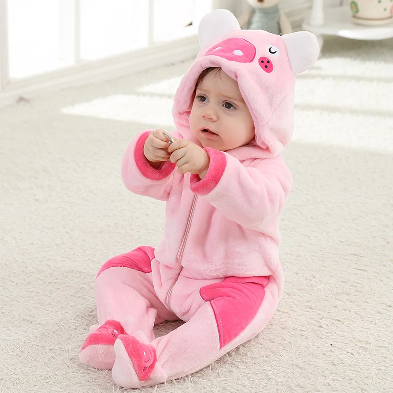 New Spring Cute Piggy Baby Girl Zipper Romper Pink Long Sleeve Hooded