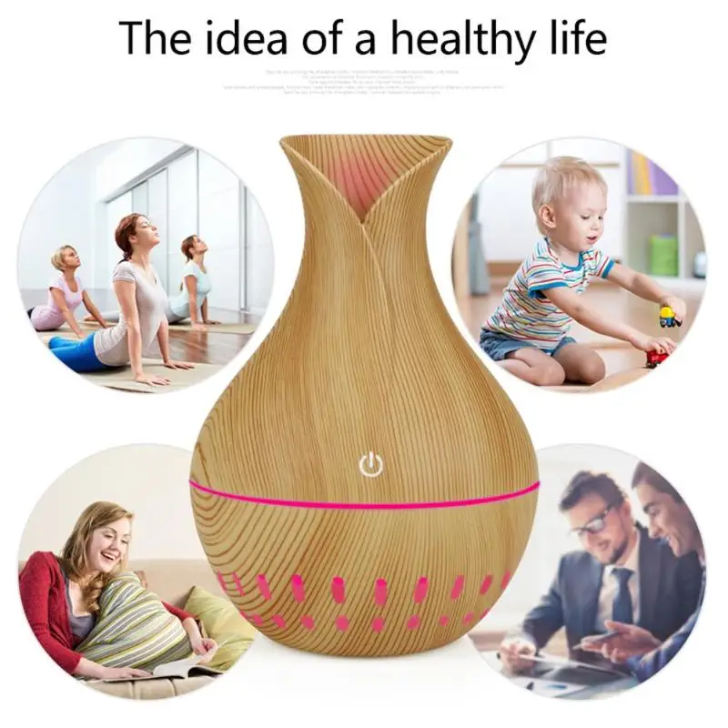 

130mL USB Aroma Essential Oil Diffuser Ultrasonic Cool Mist Humidifier Air Purifier with Wood Grain 7 Color Night Light for Home