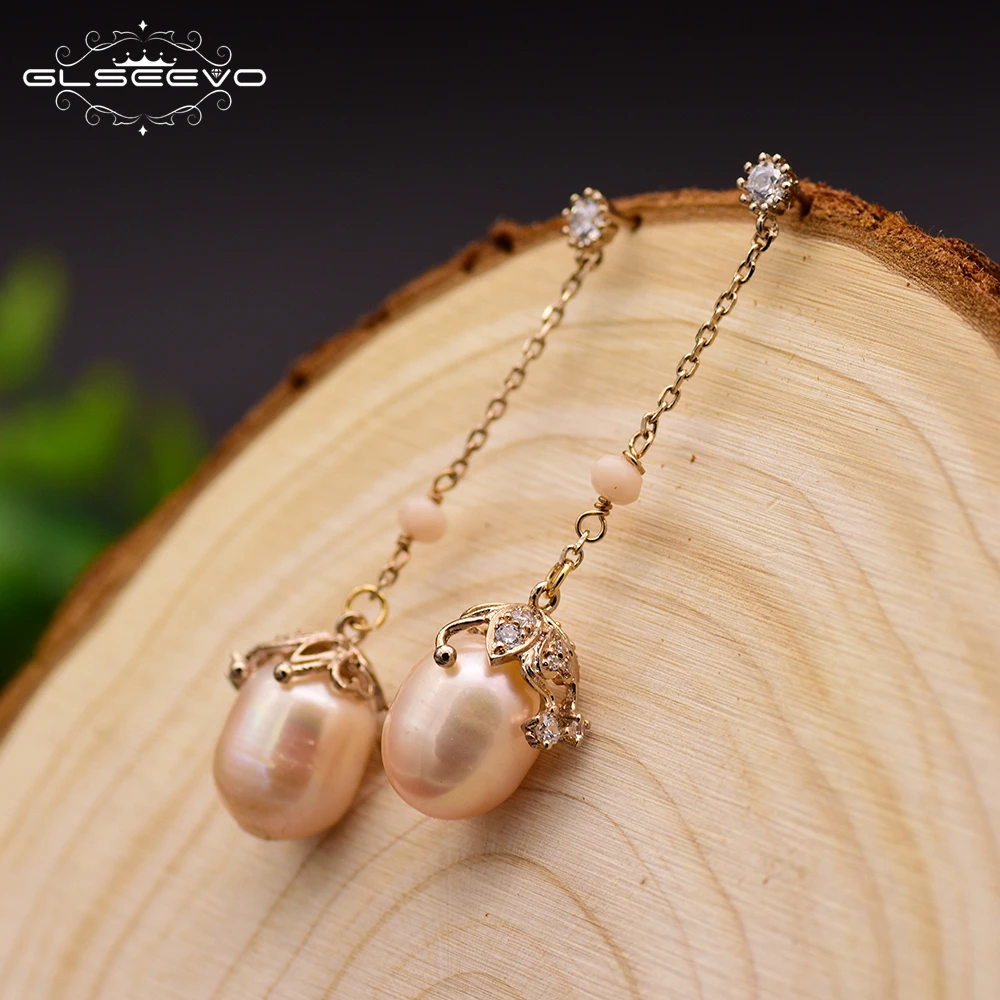 

GLSEEVO Natural Fresh Water Baroque Yellow Pearl Long Drop Earrings For Women Girl Wedding Engagement Fine Jewellery GE0319B