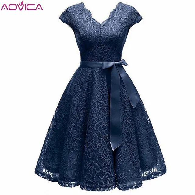 Aovica V-Neck Lace Knee-Length Women Dresses With Short Sleeves Dress For Women Female Vestidos New Arrival Chic Cheapest Price 2