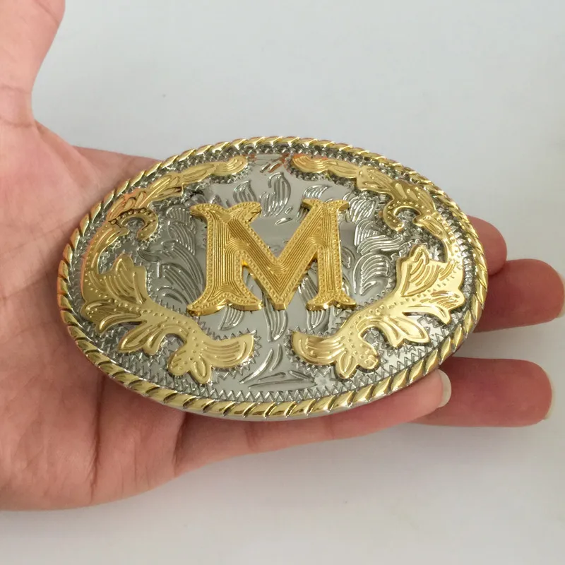 

Retail Wholesale Western Oval Cool 3D Gold M Initial Letter Belt Buckle For Lace Metal men Buckles Jewelry For 4cm Wideth Belt
