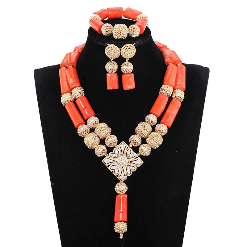 Conjunto de Jóias para as Mulheres Contas de Noiva Africano Nigeriano Casamento Coral Colar Conjunto 2020 Moda Real Ouro Jóias Abh679