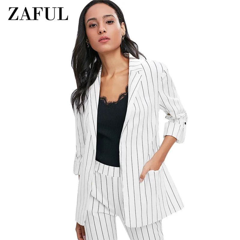 ZAFUL 2018 New Autumn Women Striped Welt Pockets Office