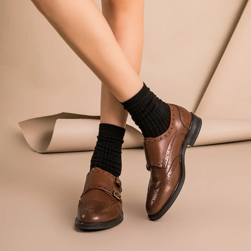 BeauToday/женские туфли-Монки из натуральной кожи с ремешком и пряжкой; Calfkin; женские туфли на плоской подошве с круглым носком; стильная обувь с перфорацией типа «броги» ручной работы; 21408