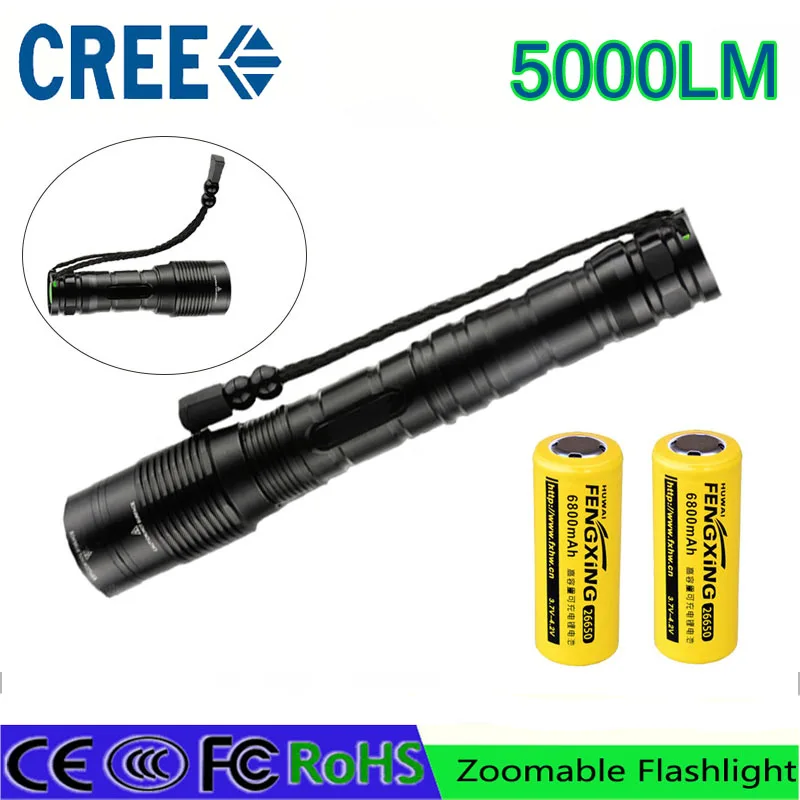 

21 Super Bright Waterproof led flashlight 5 modes 5000 lumen cree XM L T6 LED Zoom aluminium Flashlight Torch  26650 battery