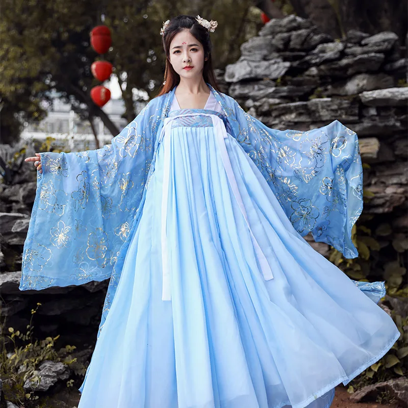 Синий Hanfu Женский костюм для китайского традиционного танца Костюм Восточный карнавальный наряд сказочное платье народная сценическая одежда DF1006