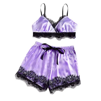 

Newly Women Split Pajama Solid Color Lace Sling Bikini with Pants Sleepdress DOD886