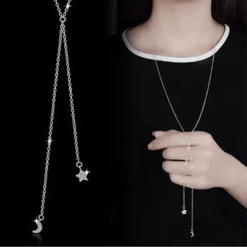 

Star And Moon Sweater Chain Long 925 Sterling Silver Jewelry Temperament Crystal Personality Fashion Necklaces H359