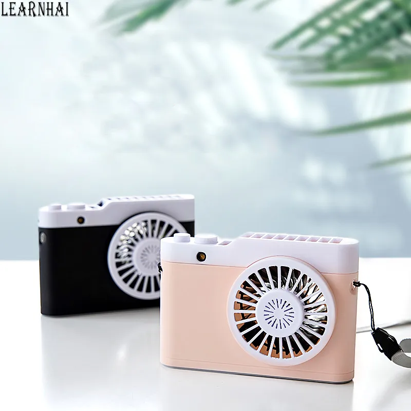 

LEARNHAI New Arrival Camera Design Hanging Neck Rechargeable Battery Operated Mini Electric Desktop Fan With Aromatherapy Box