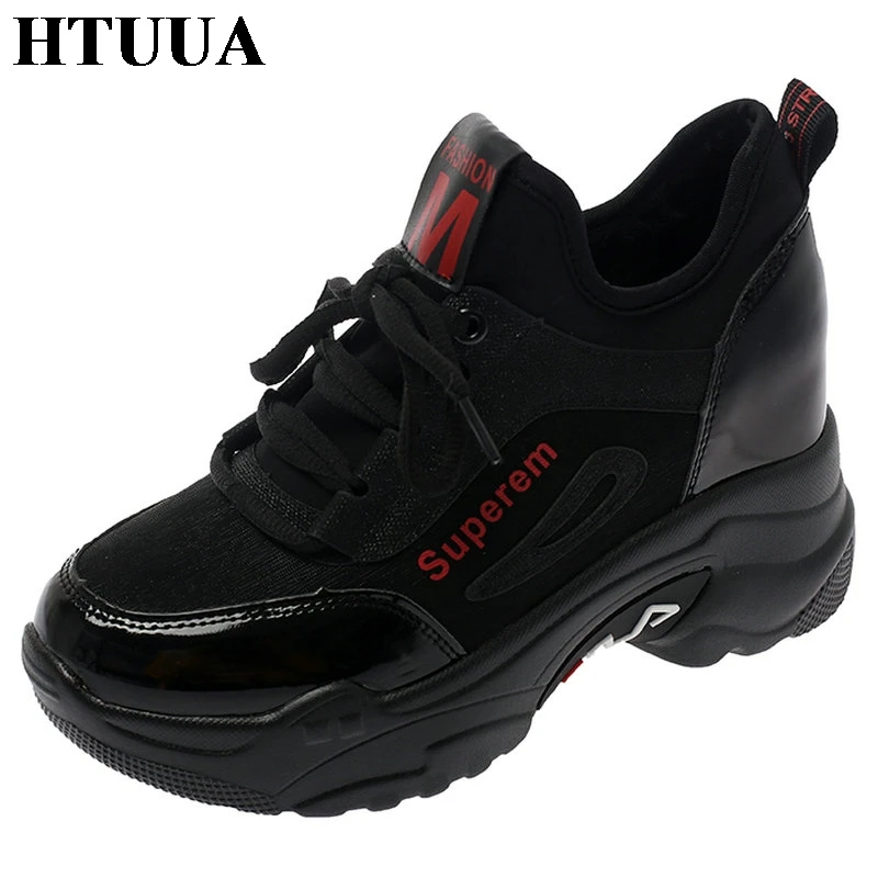 

HTUUA Warm Plush Winter Women Shoes Black Lace-Up Casual Shoes Thick Platform Sneakers Female Wedge Trainers chaussure SX1846