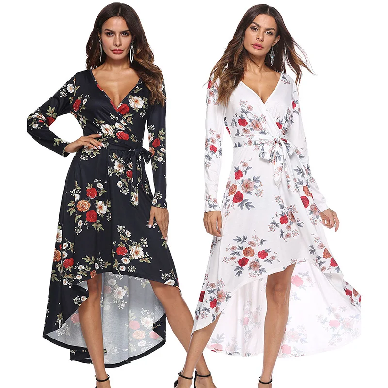 ShejoinSheenjoy Wrap V-Neck Long Sleeve Autumn Women Long Dress Winter Flower Print High Low Maxi Dresses With Sashes Bow (1)