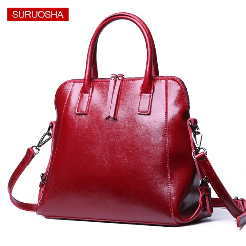 

SURUOSHA Women bag Oil Wax Women's Leather Handbags Luxury Lady Hand Bags Belt Designer Women Messenger Bag Big Tote Sac
