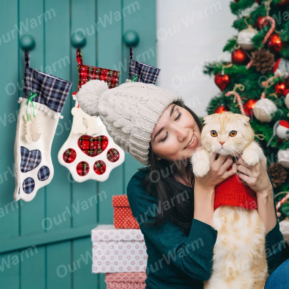 Теплые рождественские чулки для домашних животных, Подарочная сумка в клетку с собачьими лапами, рождественские чулки для детей, Подарочная сумка в виде конфет, подарки на Рождество, коллекция года, домашний декор