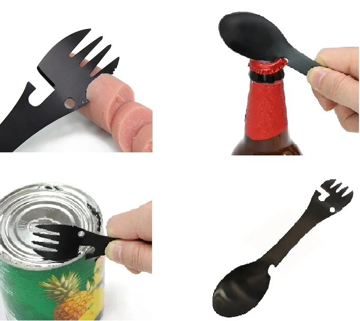 

Camping Picnic Stainless Steel Spoon Fork Knife with Bottle Opener Kitchen 5 in 1 Outdoor Survival Tools Bottle/Can Opener