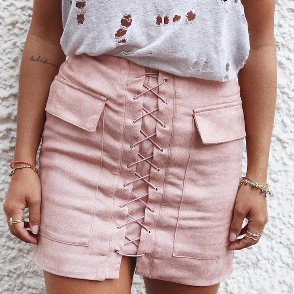 2016 font b Women b font Autumn Soft Suede font b Skirt b font Lace Up