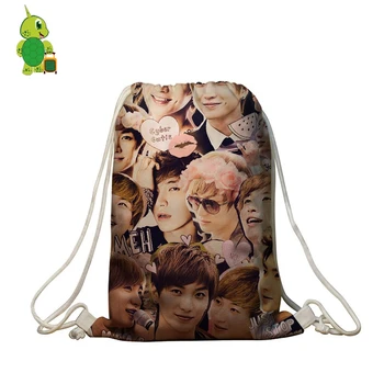 

Kpop Super Junior Backpack Leeteuk Overlay Printing Drawstring Bag Boys Girls School Bags Travel Softback Kids Daily Book Bags
