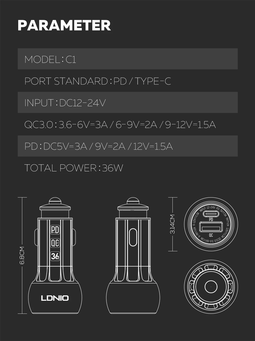 LDNIO Новое поступление C1 PD& QC3.0 двойной режим быстрой зарядки автомобильное зарядное устройство для huawei/OPPO мобильного телефона