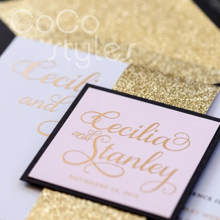  Cocostyles customized shiny glitter invitation card set with gold foiling printing for fantasy wedd - 32890848780