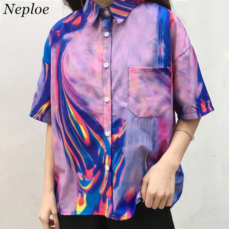 Neploe 2018 Для женщин Блузки Футболка с коротким рукавом отложным рубашка воротником