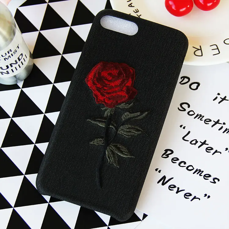 

Embroidered Rose New Mobile Phone Case for iPhone 6 6s 6P 6sP 7 7P 8 8P X Back Cover Type Imitation Leather Phone Case