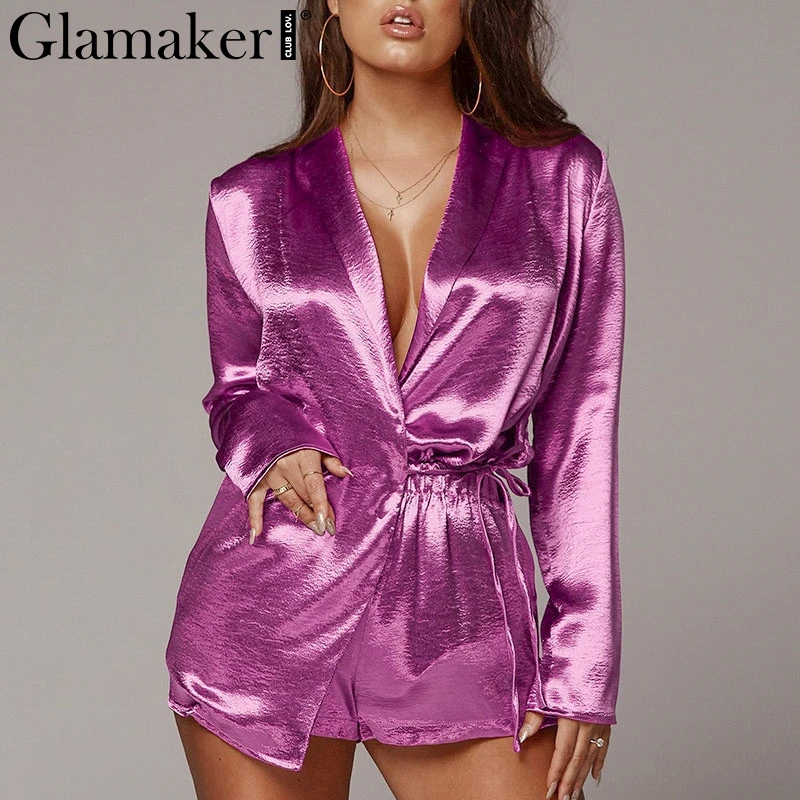 Женский сатиновый комбинезон Glamaker повседневный золотого цвета с треугольным