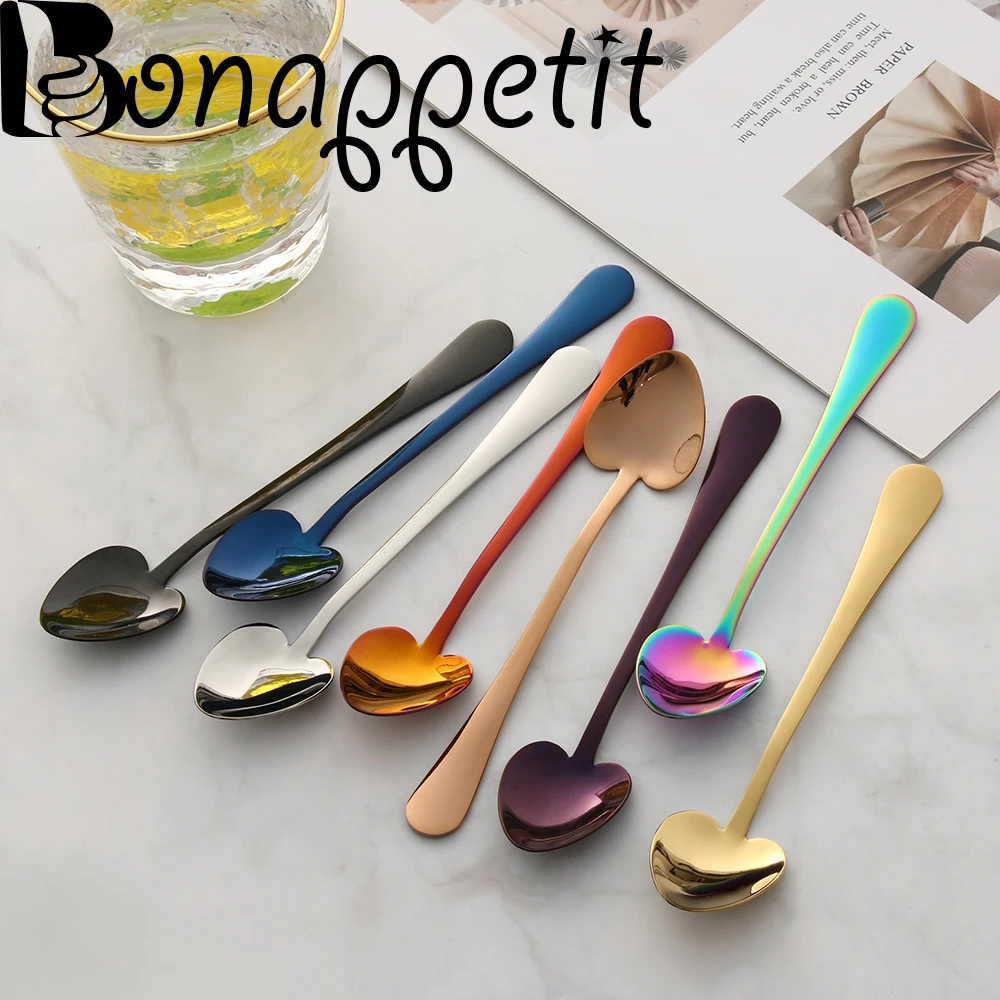 

1PC Rainbow Heart Shape Small Dessert Tea Coffee Spoon Sugar Honey Ice Cream Tools Kitchen Dinnerware Milk Scoop