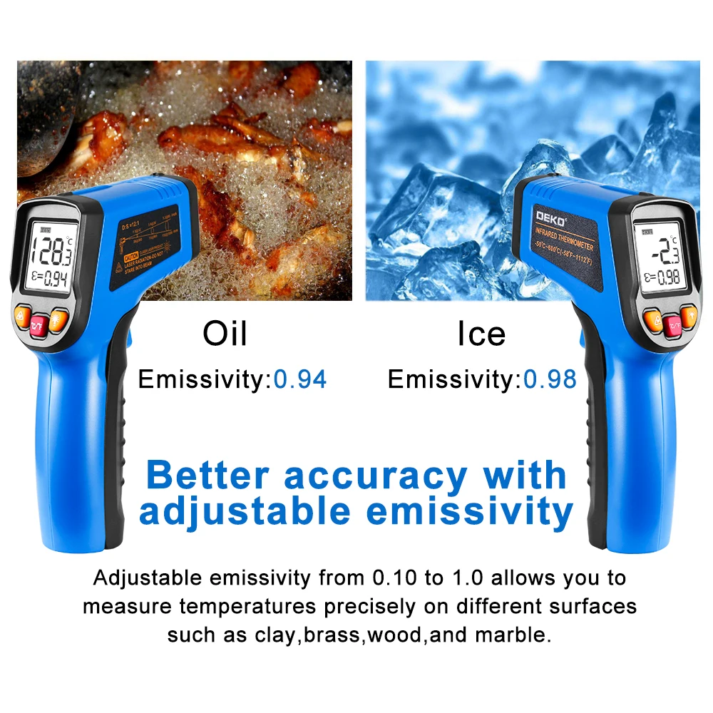 Бесконтактный цифровой лазерный инфракрасный термометр DEKO WD01, ручной пирометр с регулируемой излучательной способностью, пистолет для измерения температуры поверхности