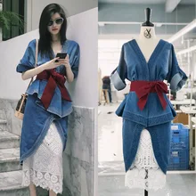 Wholesale & Retail 2018 Custom Size Summer V-neck Sexy Irregular Two-piece Denim Dress + Hollow Skirt Women Set Free Shipping цена Wholesale & Retail 2018 Custom Size Summer V-neck Sexy Irregular Two-piece Denim Dress + Hollow Skirt Women Set Free Shipping цены онлайн