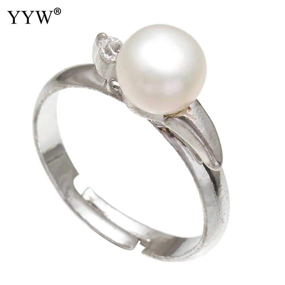 

Lover Ring Freshwater Pearl Finger Ring Brass Sliver Color Plated For Woman With Rhinestone White Women For Elegant Finger