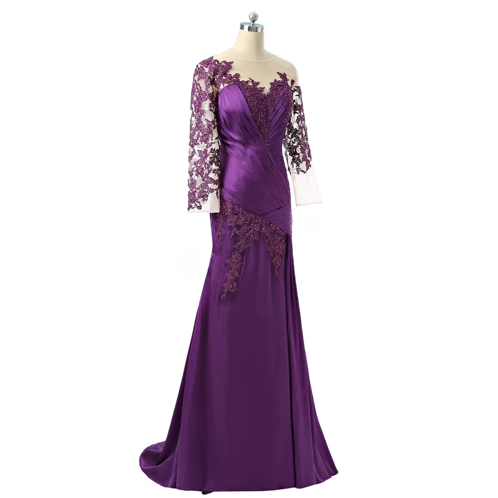 Фиолетовый Mother Of The платье-Русалка для невесты 3/4 рукава tafffeta из бисера Длинные платья для мам Для держащих букет невесты на свадьбе, плюс Размеры