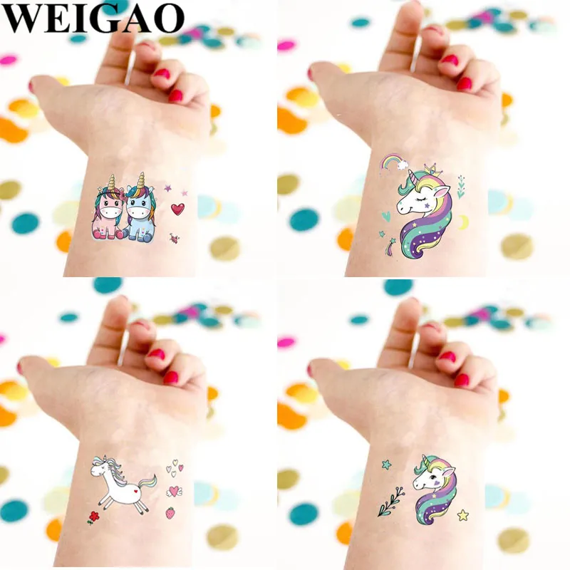 WEIGAO الكرتون يونيكورن الوشم للطفل الجسم الفن للماء المؤقتة الوشم ملصق عيد ميلاد يونيكورن حزب لطيف الوشم إمدادات