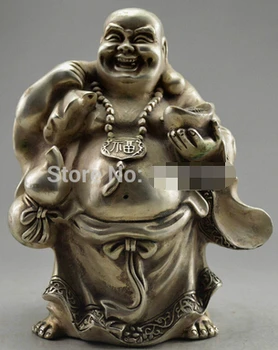 

Fast shipping Collectible Decorated Old Tibet Silver Buddha Carry Gold Bag Bring Money Statue