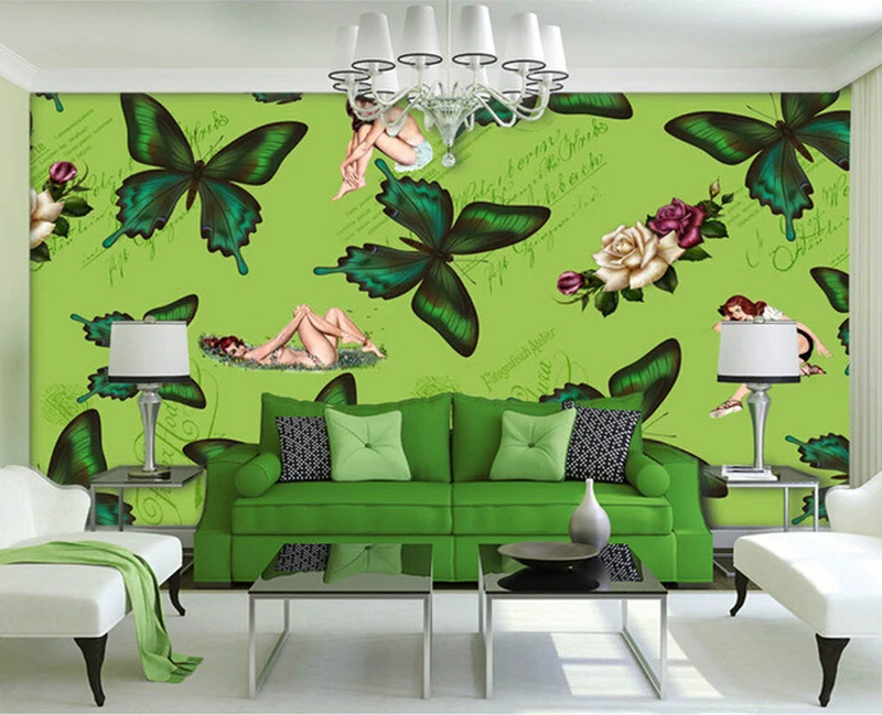 

Custom green butterfly illustration nostalgic retro sexy beauty papel de parede,living room sofa tv wall bedroom mural wallpaper