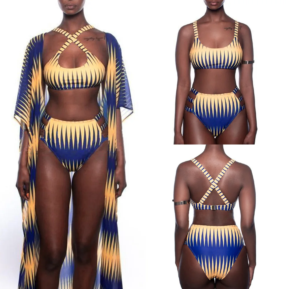 

Women Three-Piece Sets Sexy Summer Print Warp Beachwear Cloak Jacket + Crop Tops + Shorts Suits Female Stripe Bodysuit Playsuits