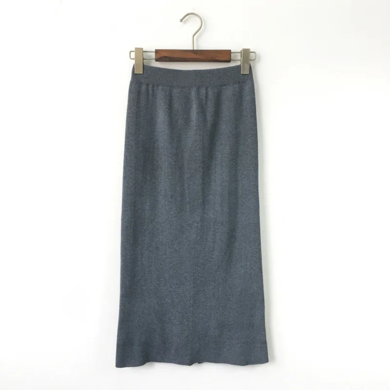 U-SWEAR New Korean Women's Fashion Slim Knit High-waisted Pack Hip Skirt Solid Color Split Knit Skirt Women - Цвет: gray