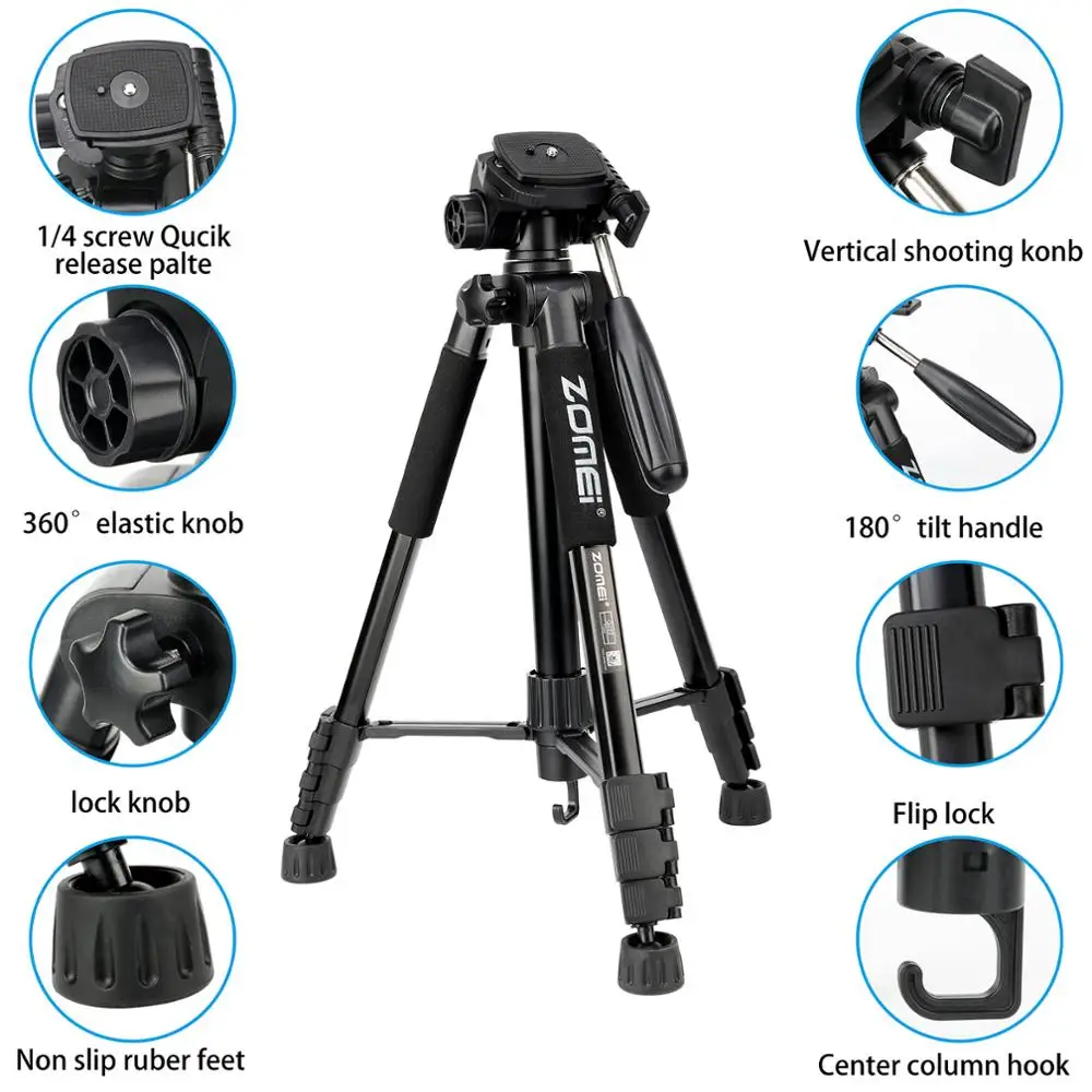  ZOMEI Q222 Camera Tripod Tripode Stative Flexible Photographic Tripod Monopod Travel Stand for Smar