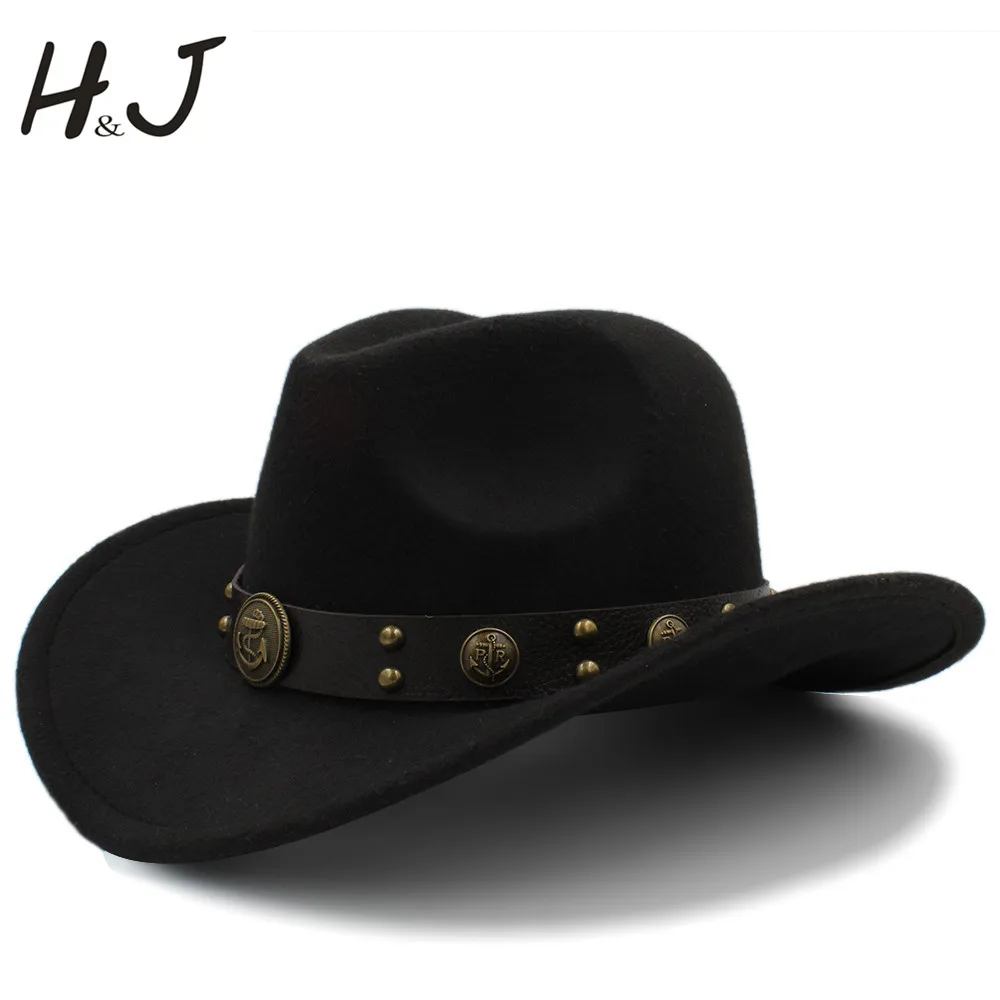 Женская и Мужская шерстяная ковбойская шляпа в западном стиле с закатывающимися полями для джентльмена, папы, джаза, конного спорта, сомбреро, Hombre, кепка, размер 56-58 см, кожаный ремень