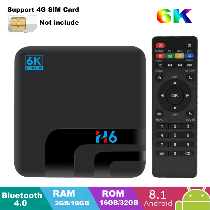 

H6 4G SIM 4GB 32GB Smart TV Box Android 8.1 6K Allwinner H6 Set top box 2.4G WiFi Bluetooth 4.0 H.265 USB3.0 2G 16G Media player