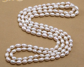

Pearl Necklace Long Real White Oval Cultured Freshwater Pearl Long Necklace Women Classic Chain Necklace Girl 48" (7-8mm)