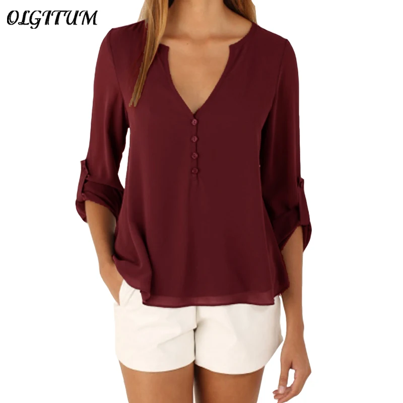

Plus Size Women T-Shirt 2019 New Fashion Women Shirts Solid color Tops deep V collar temperament chiffon shirts loose sexy shirt