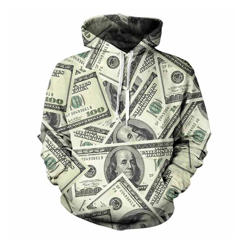 Hoodies Men 3d Sweatshirts Print Money Dollars Hooded Hoody Casual Long