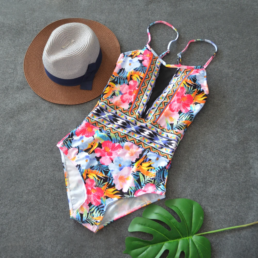

2018 Mesh Top Backless One Piece Floral Printing Deep V Women Swimsuit Halter Vintage Women's Monokini