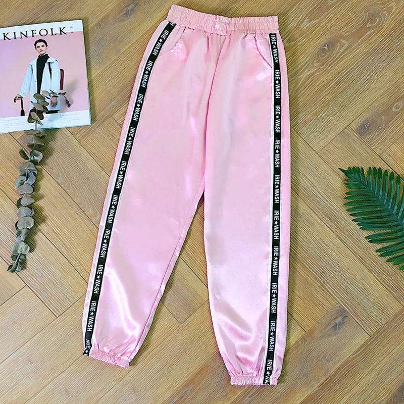 

2019 Women's Loose Pants Brand Summer Big Pocket Satin Highlight Harem Pants Women Glossy Ribbon Trousers BF Harajuku Joggers