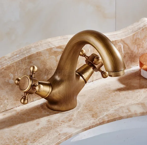 Bathroom Faucet Antique Brass Double Cross Handles Bathroom Basin Faucets Deck Mount Bathbasin Vanity Mixer Taps znf035