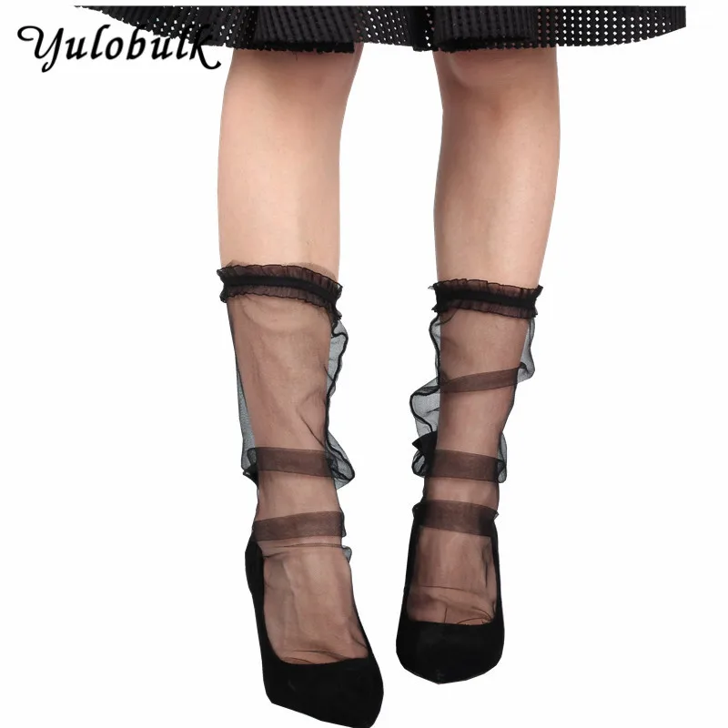 

Cheap Women Summer Mesh Socks Ultrathin Black Lace Trim Nylon Sheer Socks Chaussettes Femmes Meias Silk Calcetines Mujer SOX