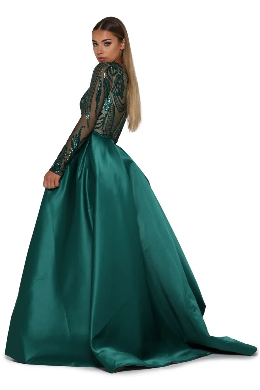 Emerald Green Prom Dress: Long Sleeve 2-Piece Gown Style 1705, Detachable Skirt, Saudi Arabia Paillette Evening Gowns image 4