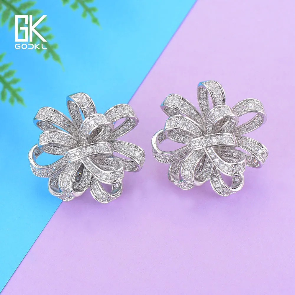 

GODKI Luxury Fashion Flower Stud Earrings For Women Wedding Cubic Zirconia Crystal CZ Indian African Bridal Silver Stud Earrings