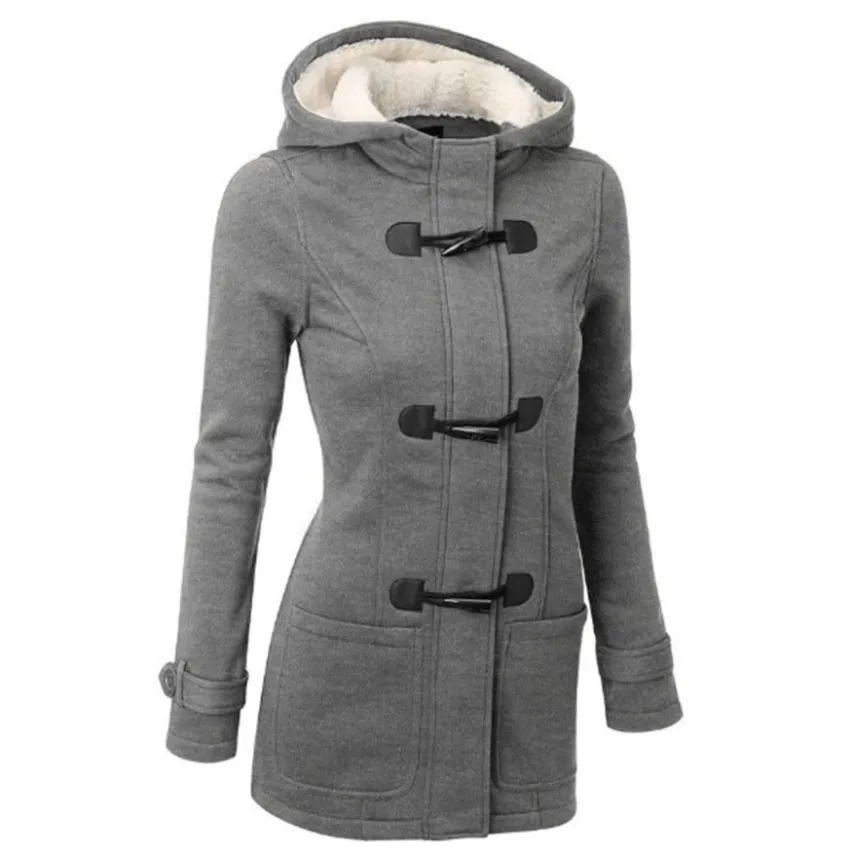 

New Women Causal Coat Autumn Winter Female Slim Hooded Horn Button Coats Zipper Solid Plus Size 5XL Jacket Outwear Overcoat A608