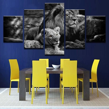

Modular Canvas Wall Art Printed Poster Home Decor Frame 5 Pieces Black White Animal Pictures King Of The Forest Lions Painting