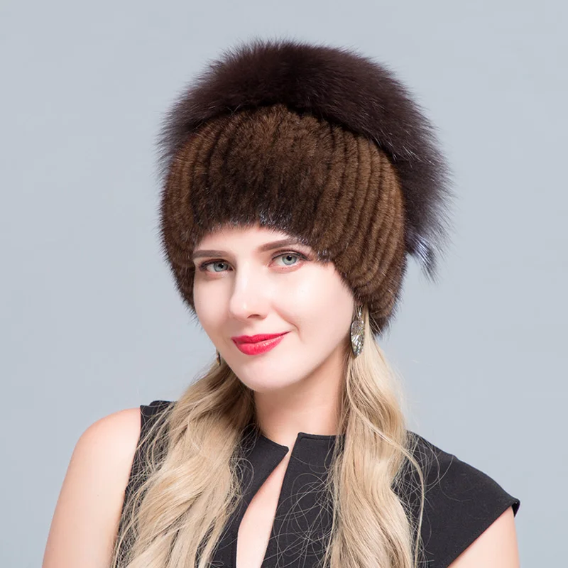 Лидер продаж шапка JERYAFUR из натурального черного меха норки лисы вязаная русская